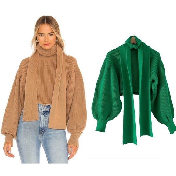 SELMACILEK Revolve Neck Scarf Detailed Balloon Sleeve Cropped Sweater in Green - Picture 1 of 11